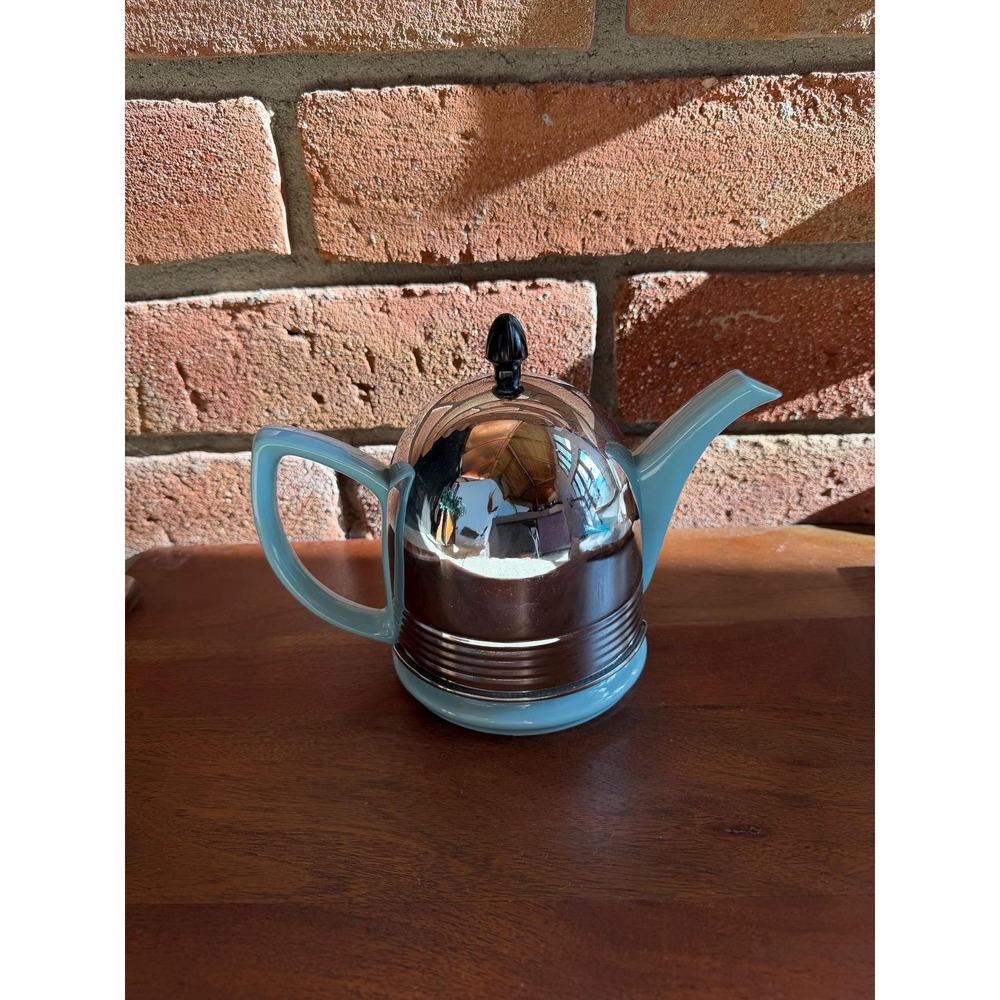 Vintage Hall China Forman Family Powder Blue Cozy Teapot Chrome Cover 1950s